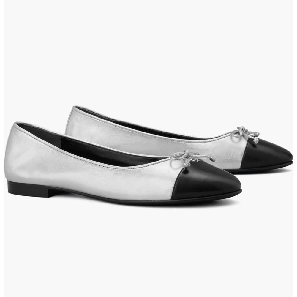 Tory Burch Leather Silver Black Cap Toe Double T Bow Ballet Flats 6